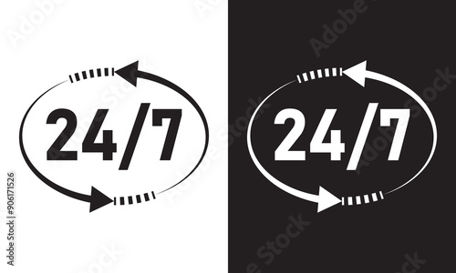 24/7 Service open 24 h hours a day and 7 days a week icon. Shop support logo symbol sign button. . Isolated on white and black background. Vector illustrator . EPS 10