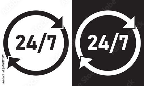 24/7 Service open 24 h hours a day and 7 days a week icon. Shop support logo symbol sign button. . Isolated on white and black background. Vector illustrator . EPS 10