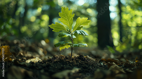 Newly Planted Oak Seedling Emerging Through Soil in a Sunlit Forest photo