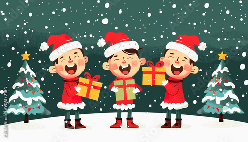 Three Smiling Boys in Santa Hats Celebrate Christmas with Presents