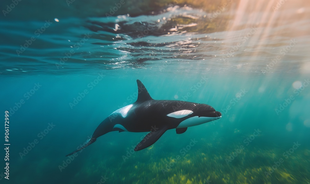 Obraz premium orca whale swimming near the surface,, Generative AI