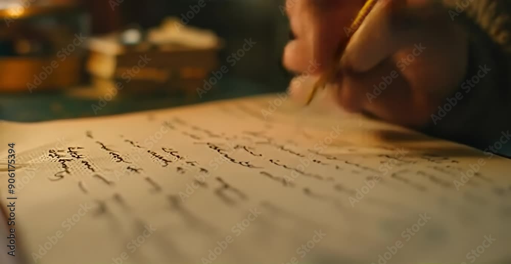 A hand pens down thoughts on paper in a dimly lit workspace