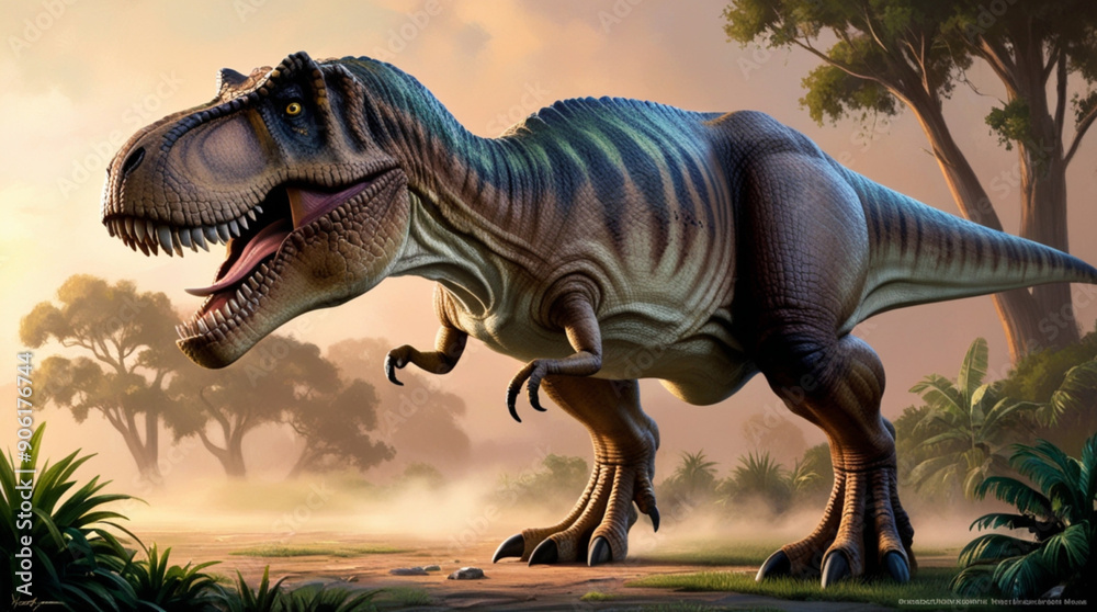 Dinosaurs roaming in lush forest with water and bird flying in background prehistoric adventure trip with nature beauty and wildlife Dinosaurs roaming in lush forest with water and bird flying in background prehistoric adventure trip with nature beauty and wildlife