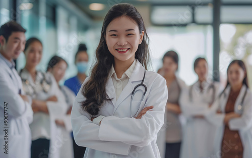 Wallpaper Mural A young female doctor confidently standing with arms crossed, surrounded by a diverse medical team, showcasing professionalism and teamwork in healthcare Torontodigital.ca
