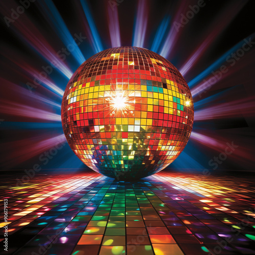 Vibrant disco ball reflecting colorful lights, surrounded by a lively crowd under a starry sky with confetti, creating a dynamic, festive atmosphere.