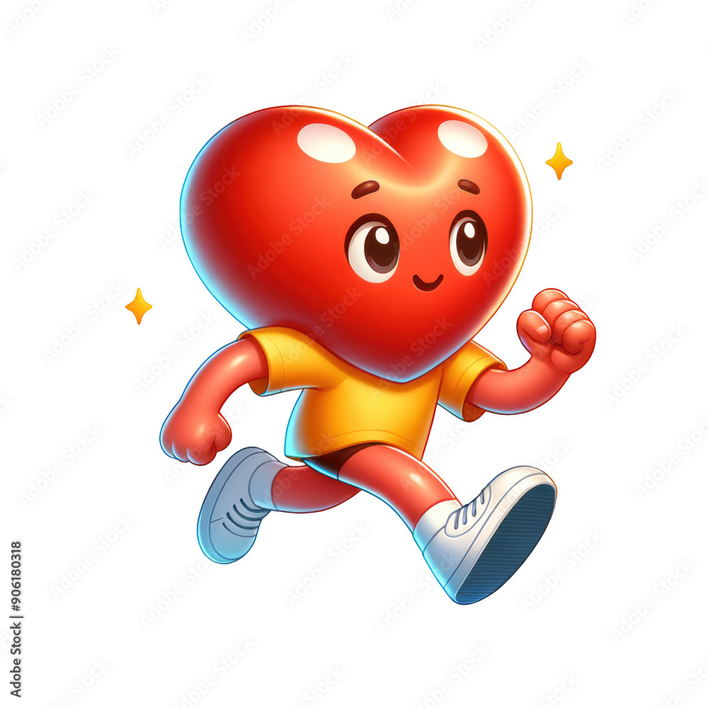 Fototapeta premium Red heart with yellow t-shirt running. Fit muscle jogging. Cartoon illustration isolated against transparent background. Concept of fitness, health, marathon, strength, muscle, race