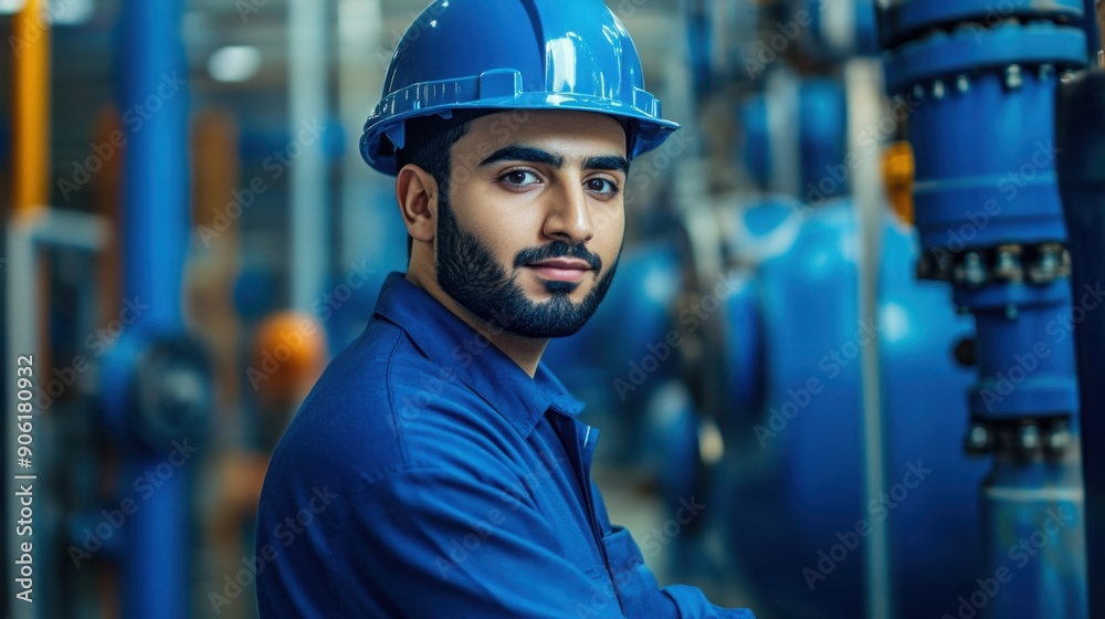 worker in blue uniform with helmet working in industrial factory worker in blue uniform with helmet working in industrial factory