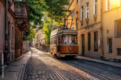 Vintage Tram Ascending a Cobblestone Street in the Golden Hour