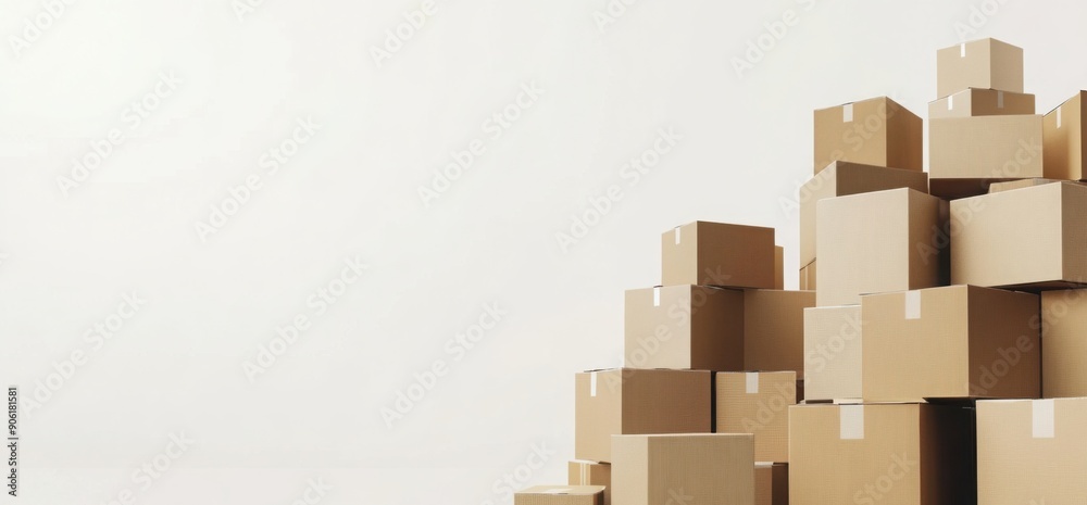 Stash of cardboard boxes stacked on white background with copy space for text, moving and shipping concept. Background for advertising banner or poster. 