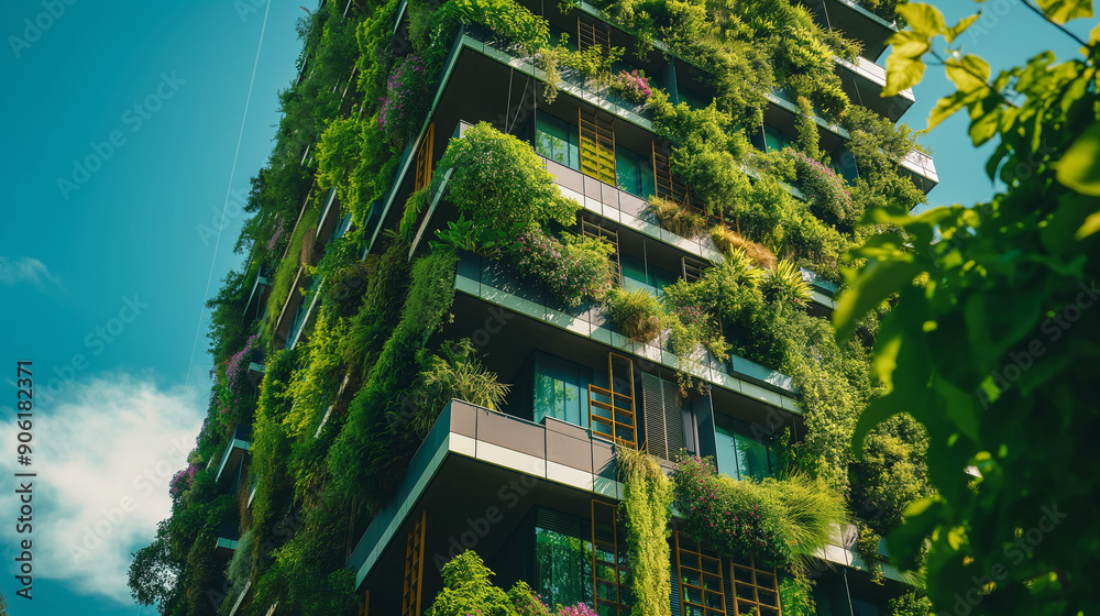 A high-rise building covered in lush greenery, featuring vertical gardens and solar panels on the exterior walls, showcasing sustainable design elements for eco-friendly living A high-rise building covered in lush greenery, featuring vertical gardens and solar panels on the exterior walls, showcasing sustainable design elements for eco-friendly living