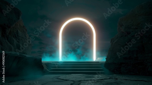 A mysterious portal glowing with an otherworldly light in an ancient ruin photo