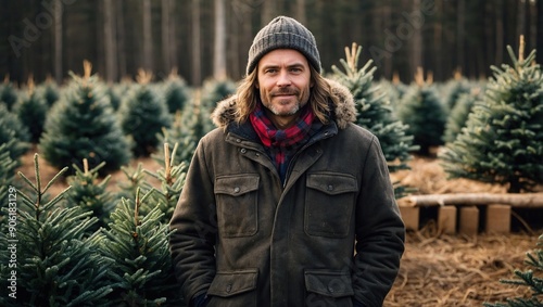 A Christmas tree farm with a rustic wooden