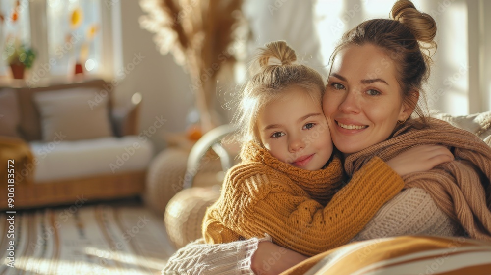 Obraz premium Embracing Love: Cozy Family Moment with Couple and Infant in Softly Lit Bedroom