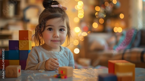 Happy Little Girl Engaged in Creative Play with Colorful Blocks on a Bright Table in Soft Lighting photo