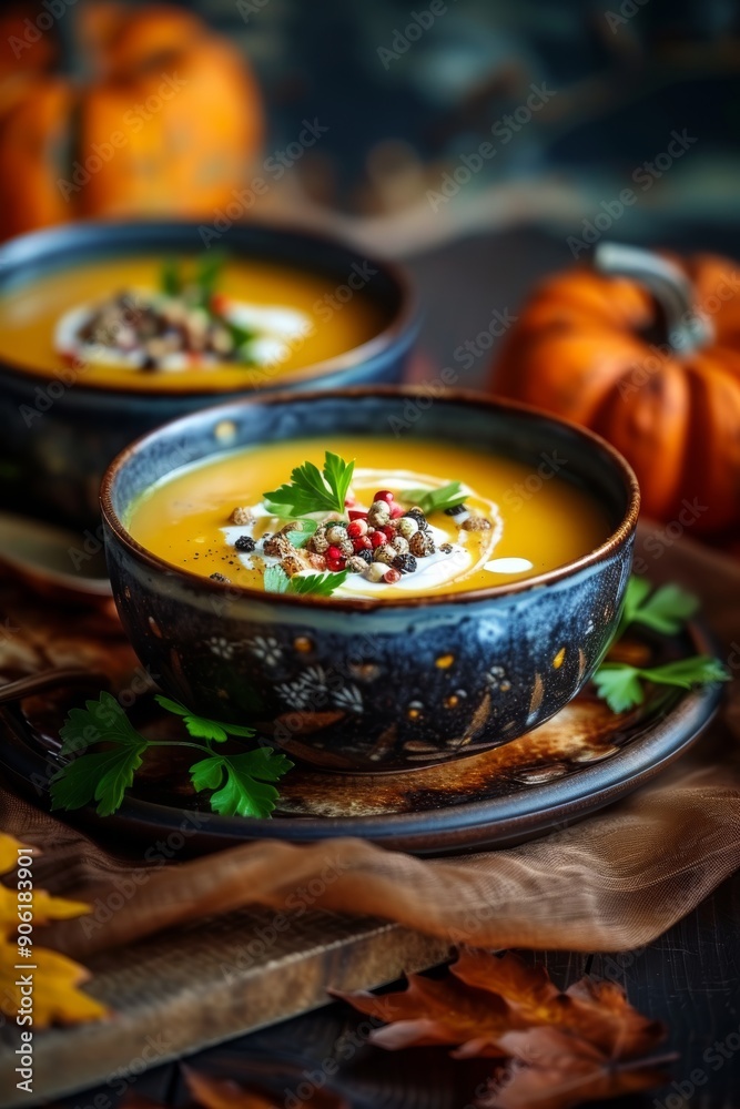 Close-up of bowls with pumpkin soup, cream, coriander leaf, pumpkin, and pepper on dark background - perfect for autumn or Thanksgiving dinner table setting Generative AI Close-up of bowls with pumpkin soup, cream, coriander leaf, pumpkin, and pepper on dark background - perfect for autumn or Thanksgiving dinner table setting Generative AI