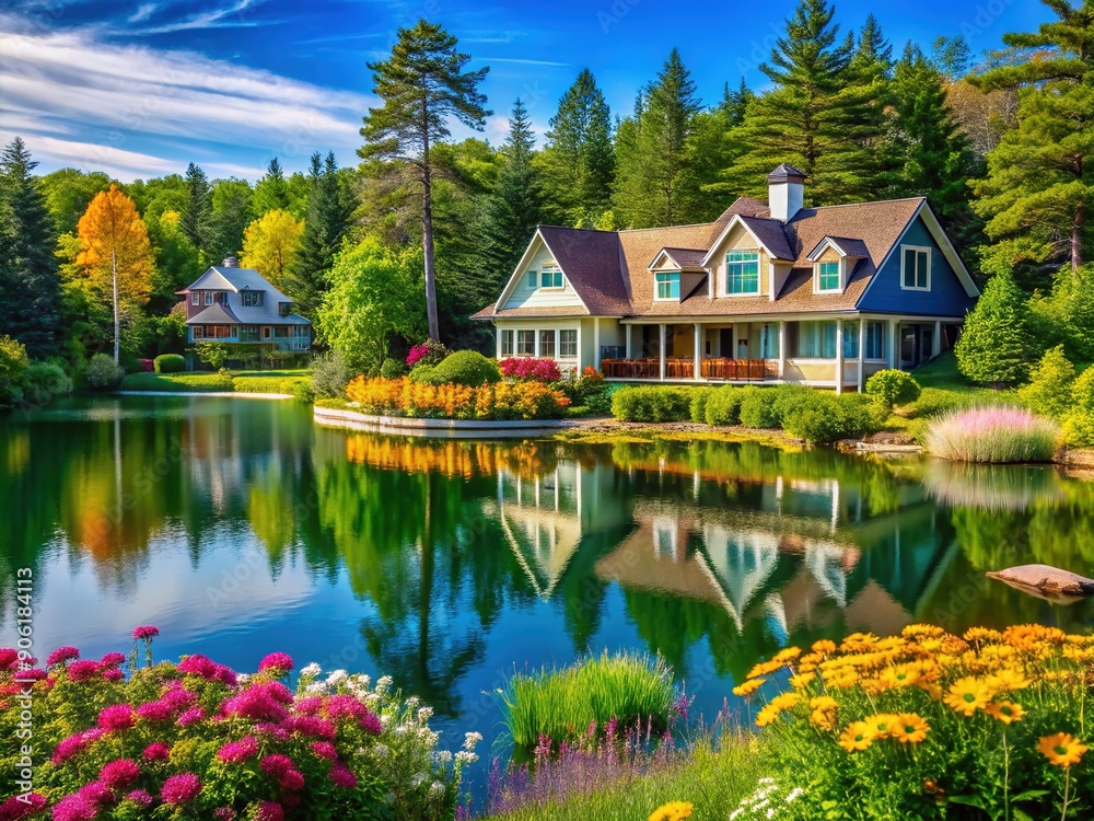 Obraz premium Charming Michigan-style homes nestled among lush green forests, serene lakes, and vibrant wildflowers, exuding warmth and coziness amidst nature's picturesque landscapes.