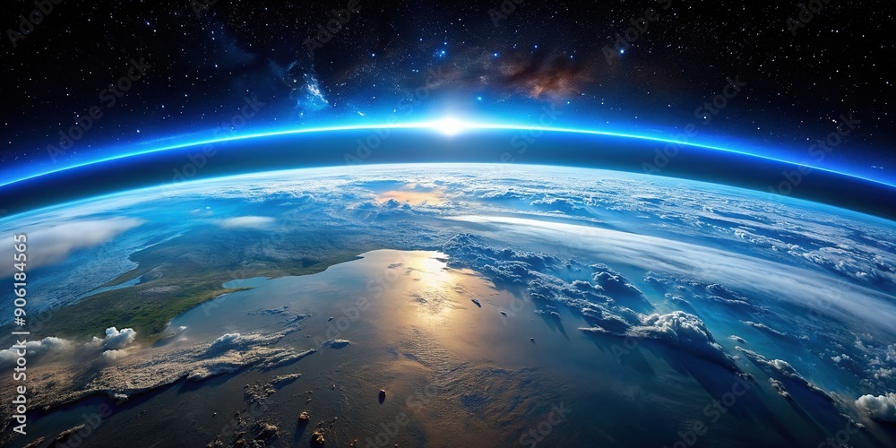 Fototapeta premium Breathtaking panoramic view of curved Earth's horizon, blue atmosphere, and black space, seen through the dome module of the orbiting space station.