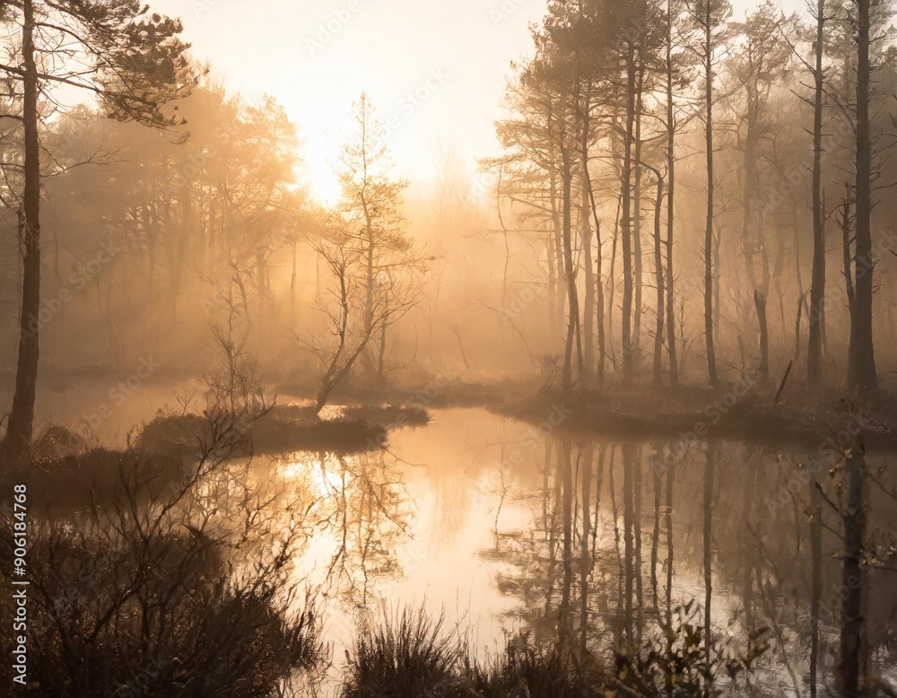 Fototapeta premium Empty, misty swamp in the moody forest with copy space