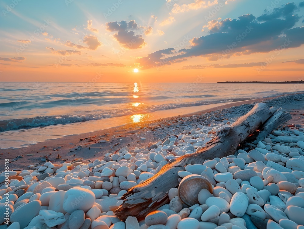 Obraz premium Breathtaking Sunset on a Serene Beach with Driftwood and Scattered Pebbles