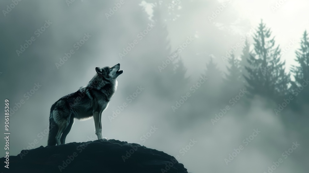 Lone wolf howling at the moon in a misty forest clearing, eerie fog and shadows, perfect for a scary Halloween scene Lone wolf howling at the moon in a misty forest clearing, eerie fog and shadows, perfect for a scary Halloween scene