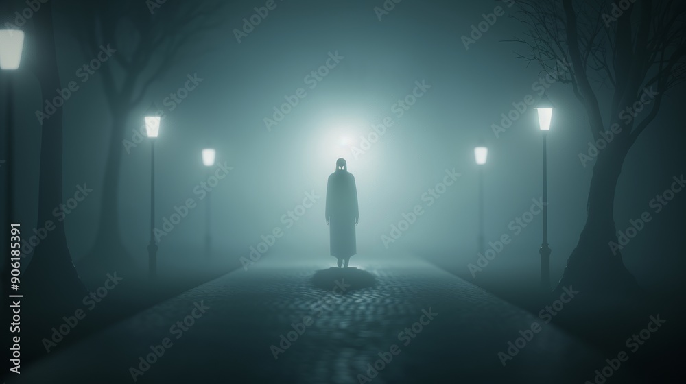 A shadowy figure walking through a foggy, deserted park at night, with eerie glowing eyes in the darkness, creating a spine-chilling Halloween atmosphere A shadowy figure walking through a foggy, deserted park at night, with eerie glowing eyes in the darkness, creating a spine-chilling Halloween atmosphere