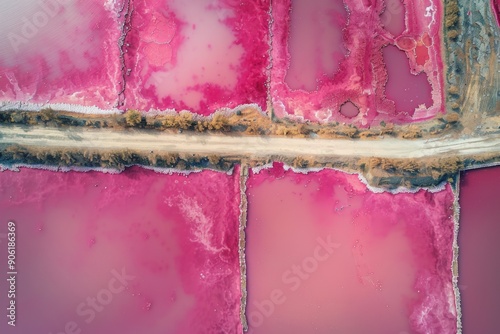 Aerial View of a Pink Salt Lake with Production Facilities and Evaporation Ponds, Highlighting the Crimson or Pink Waters and Crystalline Briny Shoreline. photo