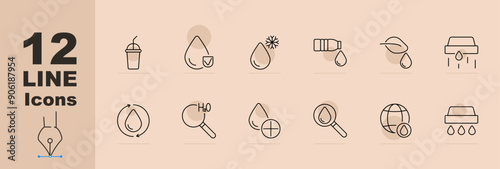 Water icons set. Water bottle, car with drop, treatment plant, H2O formula, water gear, thermometer, no sign, tap, truck