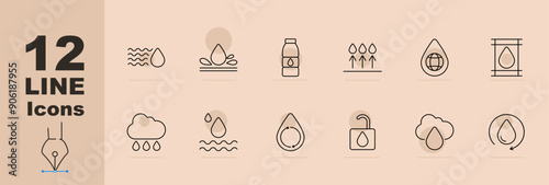 Water icons set. Water bottle, car with drop, treatment plant, H2O formula, water gear, thermometer, no sign, tap, truck
