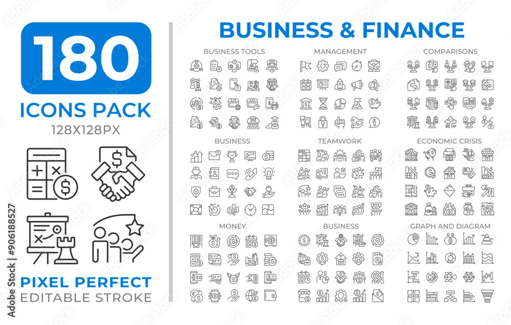 Business finance line icons set collection. Corporate teamwork. Economic crisis. Financial management mega pack of linear pictograms, pixel perfect. Isolated vector illustrations. Editable stroke