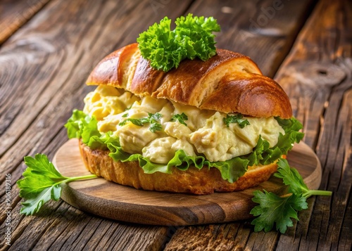 Freshly prepared egg salad with chopped lettuce on a crispy, flaky croissant roll, garnished with a sprig of parsley on a rustic wooden background. photo