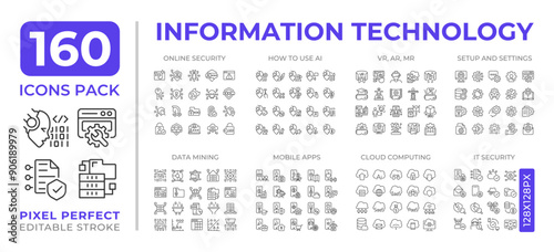 Information technology line icons set collection. Online security. Data mining. Cloud computing. AI, IT mega pack of linear pictograms, pixel perfect. Isolated vector illustrations. Editable stroke