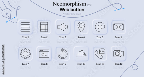 Web button icon set in neomorphism style. Menu, grid, mute, location pin, spiral, email, settings, web page, refresh, chart, phone call, camera, vector line art