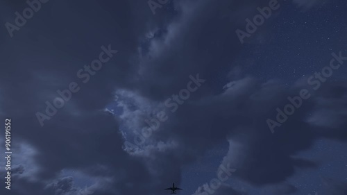 Filming a plane's nighttime passage. A camera's perspective on a plane at night.