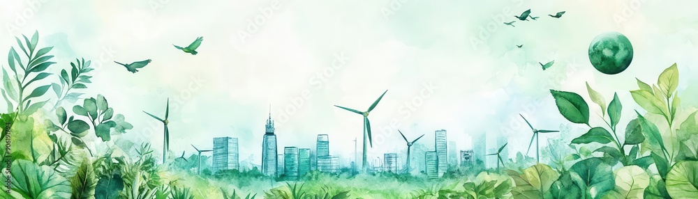Obraz premium A vibrant cityscape merging nature with urban elements, featuring wind turbines, greenery, and birds in a serene atmosphere.