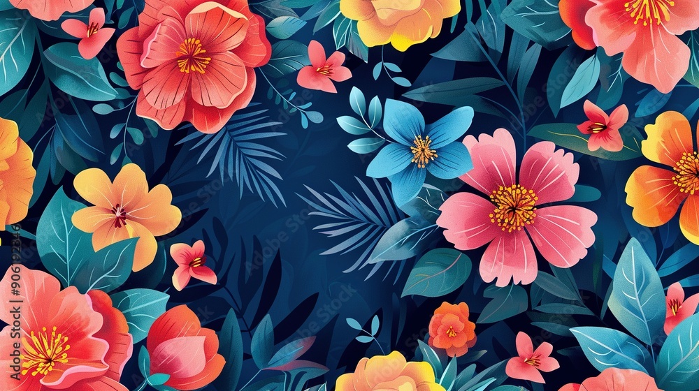 A vibrant blue, red, and yellow floral pattern on a navy background A vibrant blue, red, and yellow floral pattern on a navy background