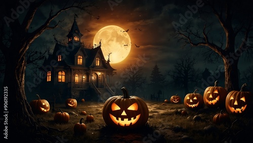 Spooky Halloween Night Scene with Pumpkins and Haunted House