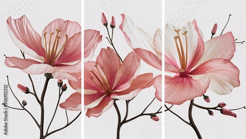 Set of three posters with floral pink flowers abstract art of white, gold abstract shapes. Decorative framed wall art for copy space., This set of three abstract botanical wall art panels.