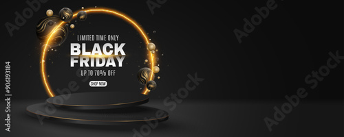Trendy pedestal for show your product on Black Friday Sale. Levitating 3d podium with dynamic spheres textured golden striped pattern on dark background. Vector illustration