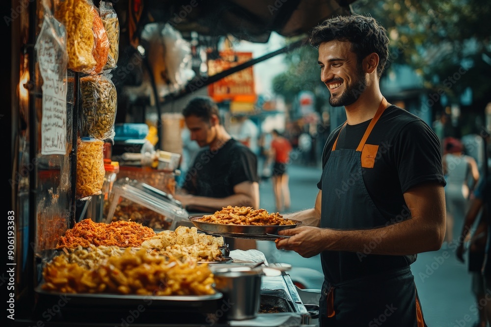 Joyful Street Vendor Serving Delicious Food to a Smiling Customer in a Candid Moment Joyful Street Vendor Serving Delicious Food to a Smiling Customer in a Candid Moment