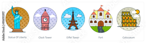 A set of 5 Mix icons as stature of liberty, clock tower, eiffel tower