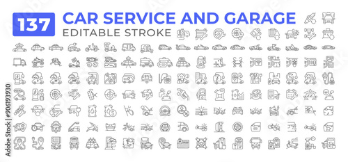 Car service and garage line icons big set. Auto accident. Automotive repair. Oil gasoline. Taxi rent. Electric vehicle iconset outline pictograms. Isolated linear vector illustrations. Editable stroke
