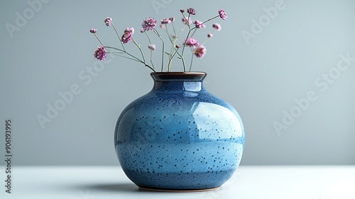Minimalist Blue Ceramic Vase With Pink Flowers