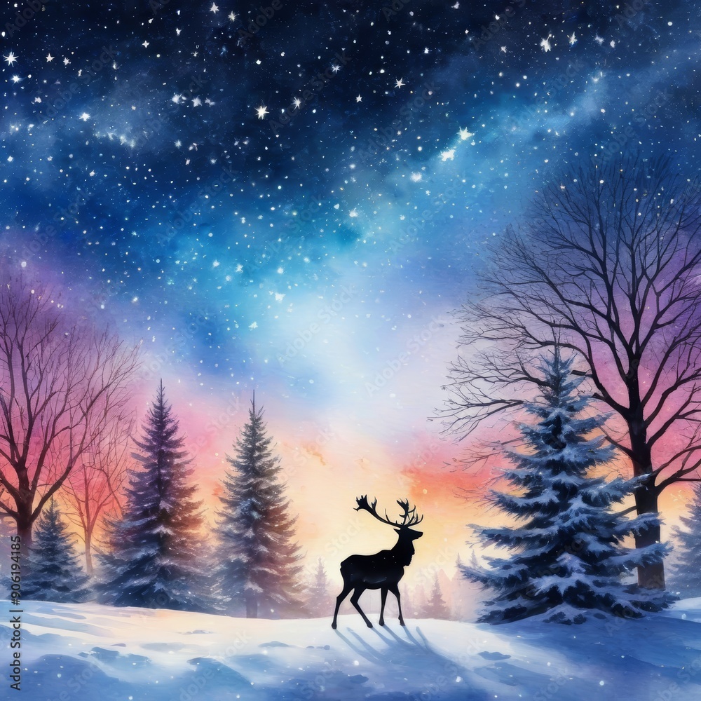 Whimsical Watercolor Christmas Eve Sky with Stars, Perfect for Holiday Greeting Cards or Decorations Generative AI