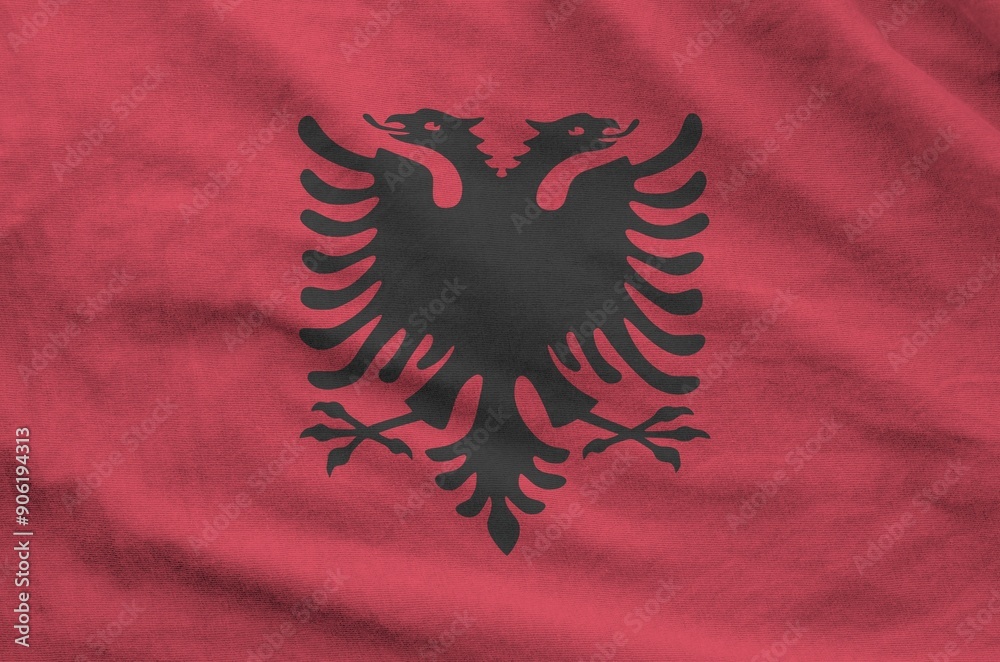Albania flag depicted on folded wavy fabric of old cloth close up Albania flag depicted on folded wavy fabric of old cloth close up