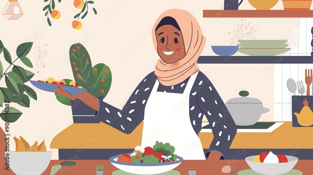 A cheerful Muslim woman wearing a headscarf serves food on a plate while sitting at a dinner table. A cheerful Muslim woman wearing a headscarf serves food on a plate while sitting at a dinner table.