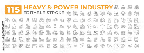 Heavy power industry line icons big set. Manufacturing plant factory repair, aviation. Coal mining, oil production iconset outline pictograms. Isolated linear vector illustrations. Editable stroke