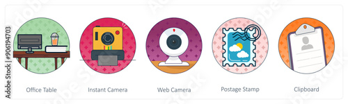 A set of 5 Mix icons as office table, instant camera, web camera