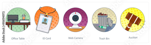 A set of 5 Mix icons as office table, id card, web camera