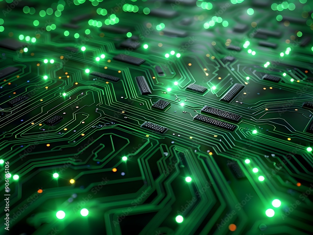 Fototapeta premium Neon Green Digital Circuit Tech Savvy Abstract Background for Product Display