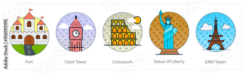 A set of 5 Mix icons as fort, clock tower, colosseum